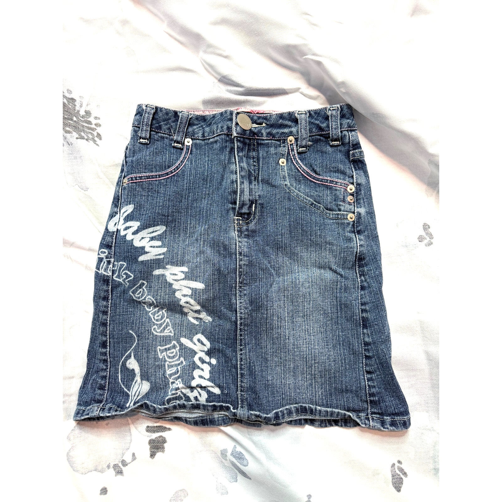 Baby Phat Girls Denim Mini Skirt Y2k Pink Stitch Graffiti Logo Size 10